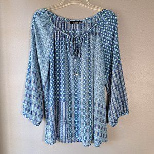 a.n.a. - Blue, Turquoise, Off White, 3/4 Sleeve Top, Peasant Style, Size Large